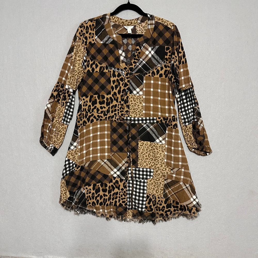 Cato Womens Large Patchwork Leopard‎ Plaid Button Front Tunic Mini Dress Brown